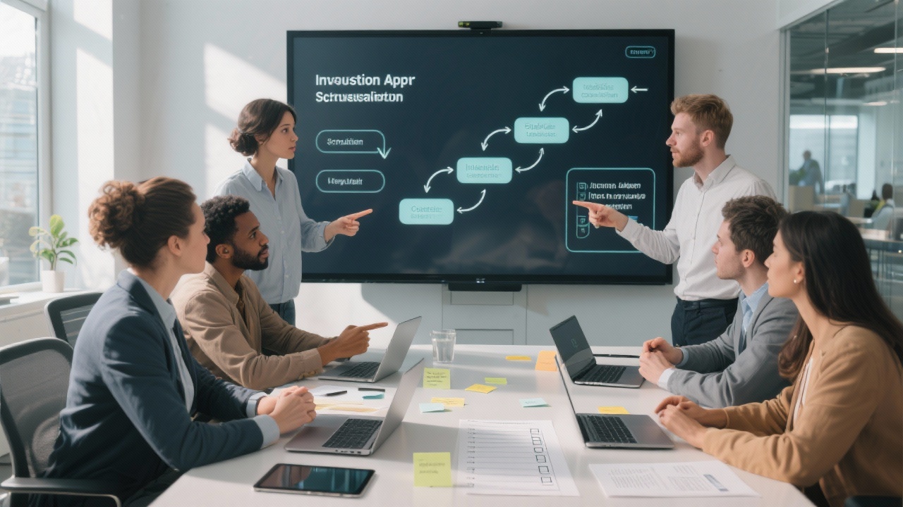 대형 터치스크린에 워크플로우 다이어그램이 보이는 현대 사무실에서 토론하는 다양한 팀원들