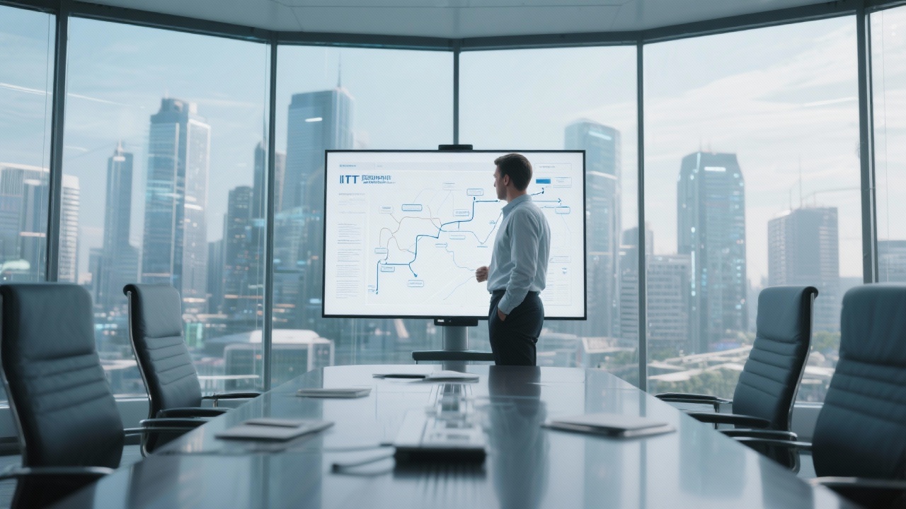 자동화로 확보한 시간에 통유리 회의실에서 프로젝트 로드맵을 구상하며 전략에 집중하는 PM의 모습