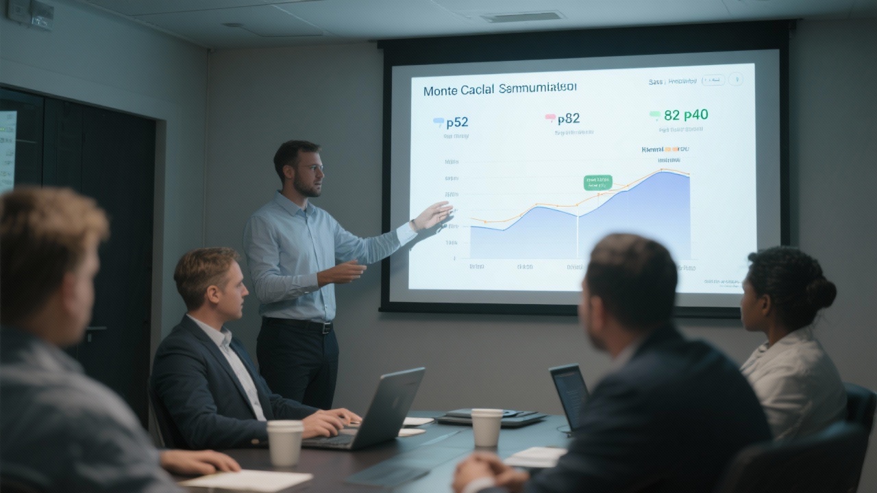 SaaS 프로젝트 매니저가 몬테카를로 시뮬레이션 결과를 비즈니스 회의실에서 투사하며 발표하는 모습