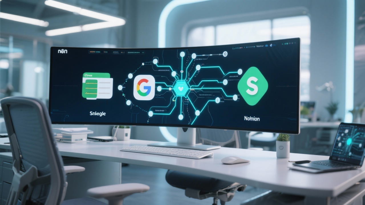 n8n의 노드 기반 자동화 워크플로우가 구글 시트와 슬랙 아이콘을 연결하는 미래 지향적인 사무실 모니터 화면