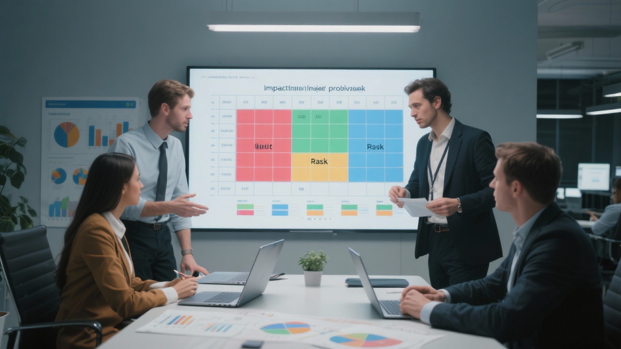 프로젝트 리스크 매트릭스를 보고 우선순위를 결정하는 모습
