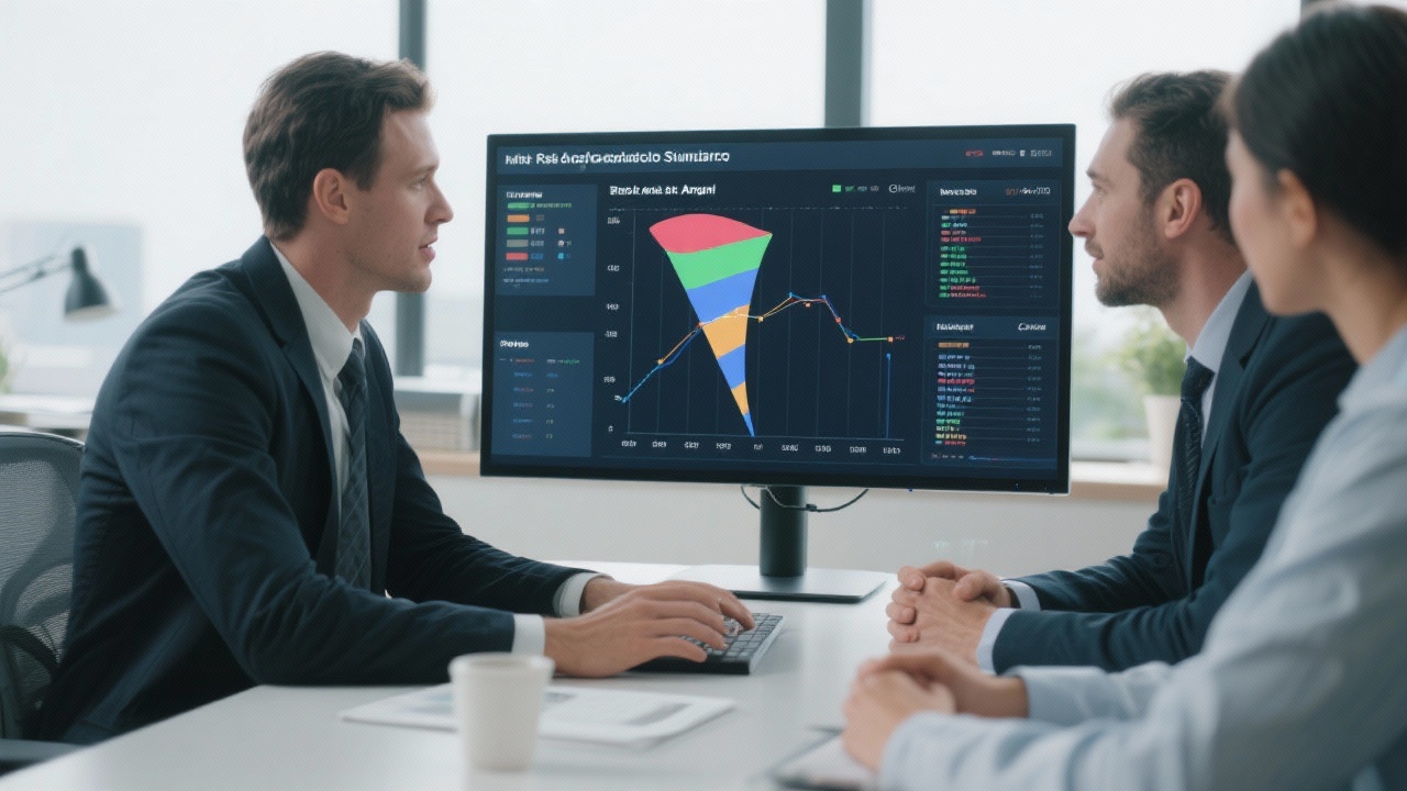 컴퓨터 화면에 몬테카를로 시뮬레이션 토네이도 차트 민감도 분석을 띄운 채 경영진이 토론하는 전문 사무실 장면