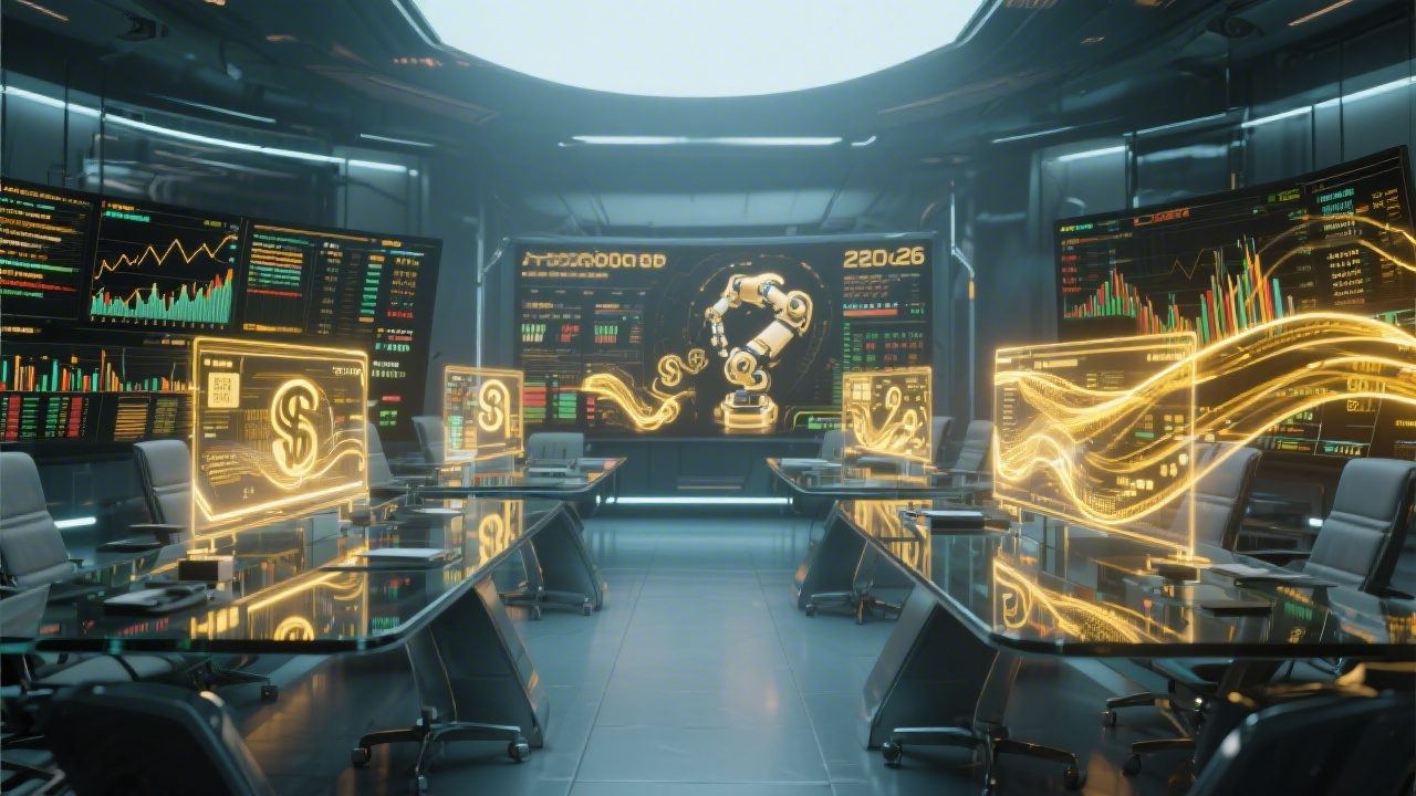 2026년 첨단 기술주 중심의 미래지향적인 주식 거래 환경과 스마트 머니의 흐름을 시각화한 이미지