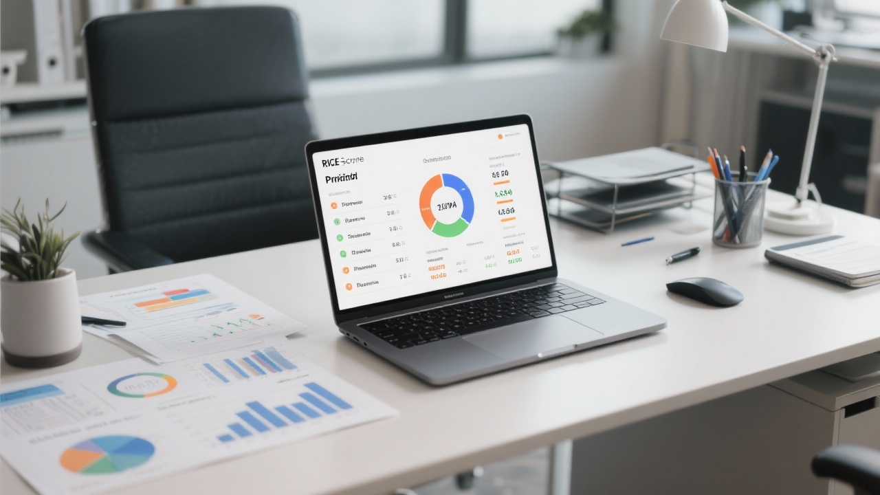 RICE 우선순위 계산법과 숫자 데이터를 시각화한 사무 공간