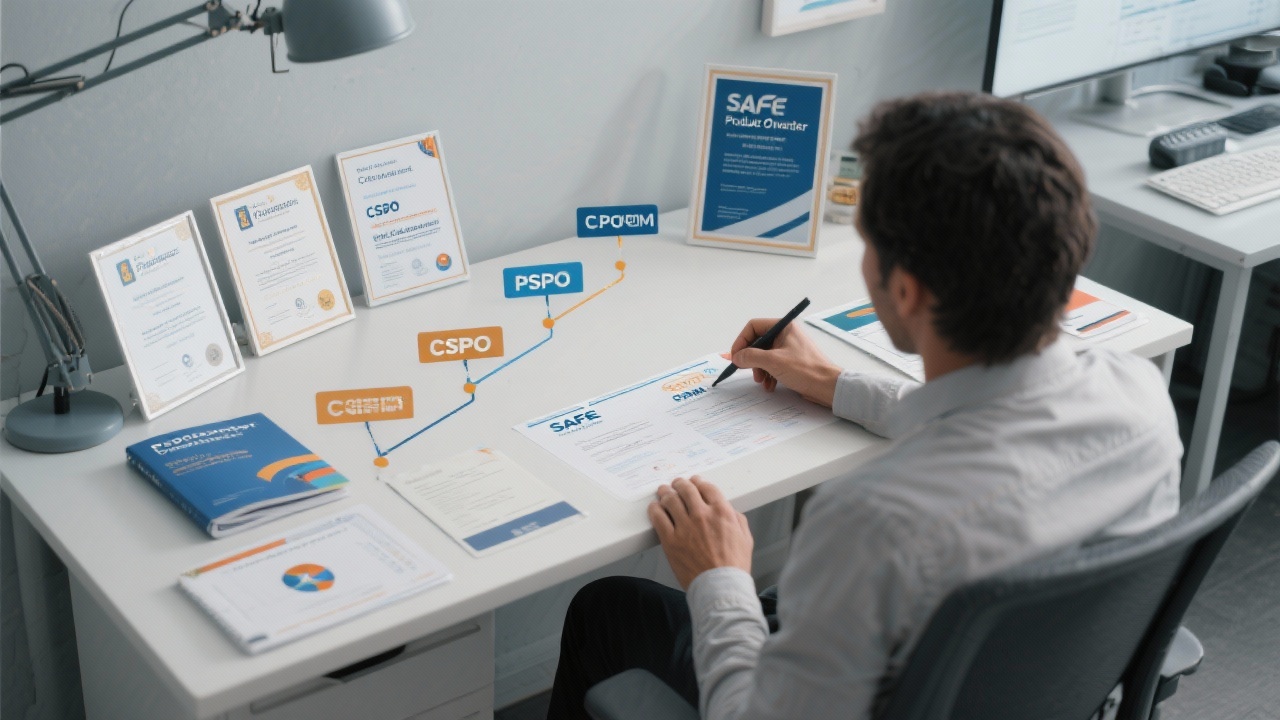 CSPO, PSPO, SAFe POPM 자격증과 학습 자료가 책상에 놓여 있는 현대적인 작업 공간의 모습