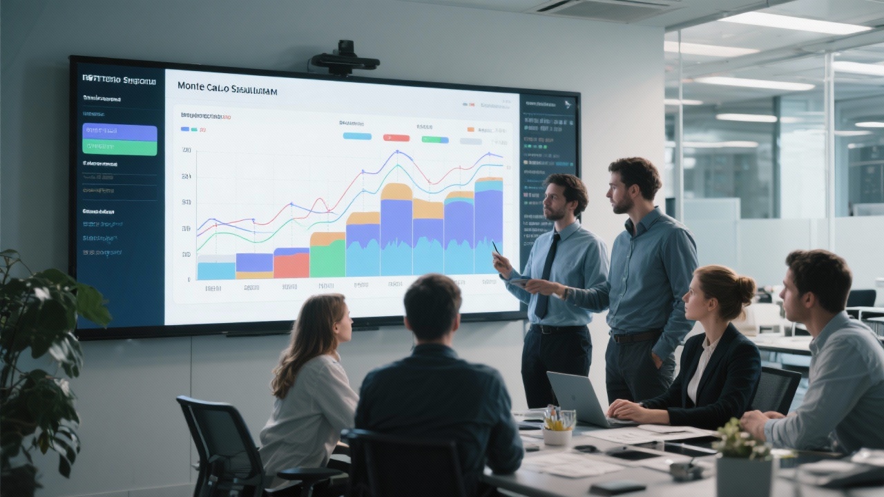 소프트웨어 프로젝트 팀이 대형 디지털 화면에서 몬테카를로 시뮬레이션 확률분포와 히스토그램을 분석하는 장면