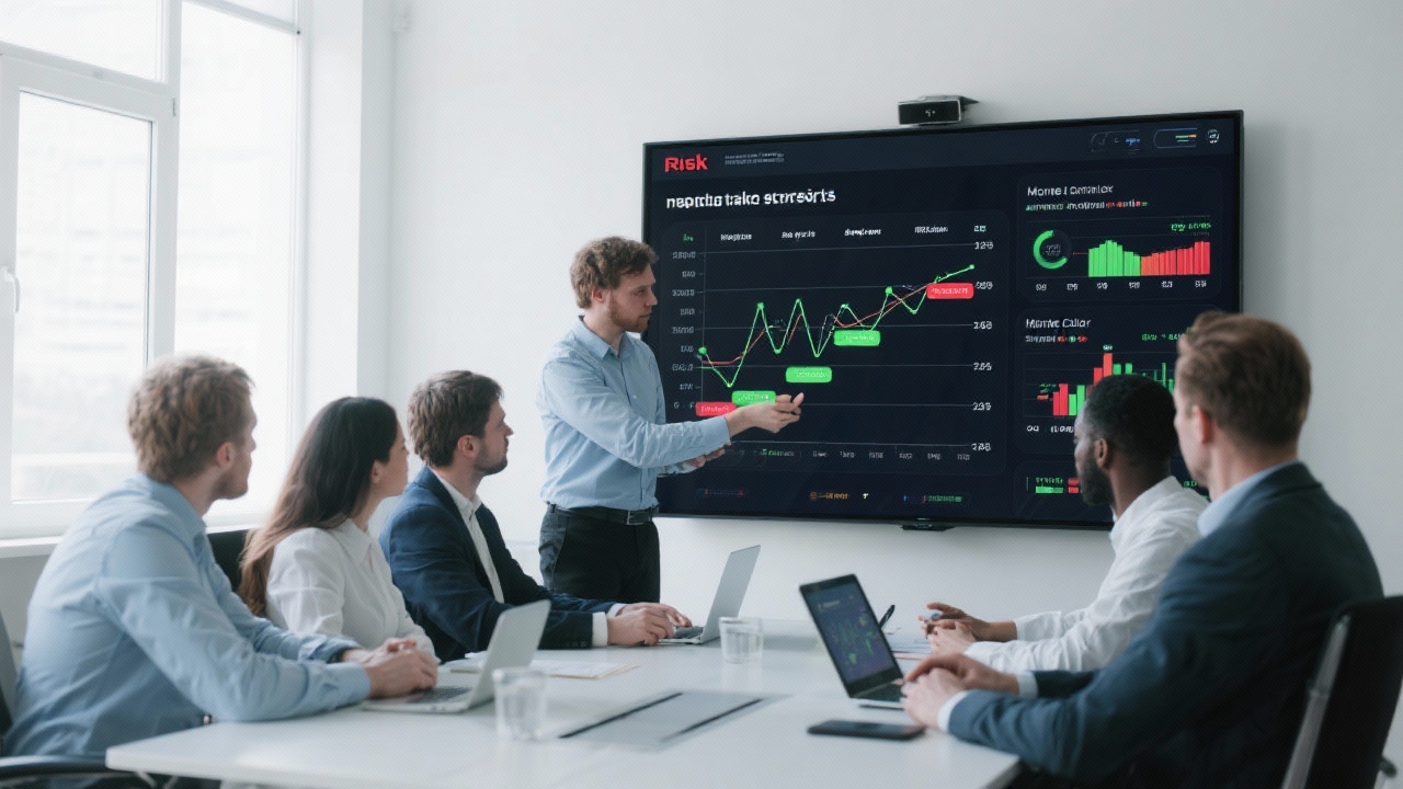 프로젝트 리스크 평가 매트릭스와 몬테카를로 시뮬레이션 분석 회의 장면