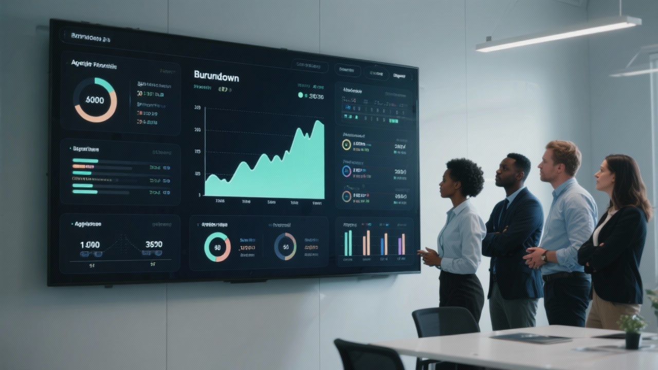 실시간 번다운 차트와 애자일 지표가 표시된 대형 디지털 대시보드가 설치된 미니멀한 사무실 전경