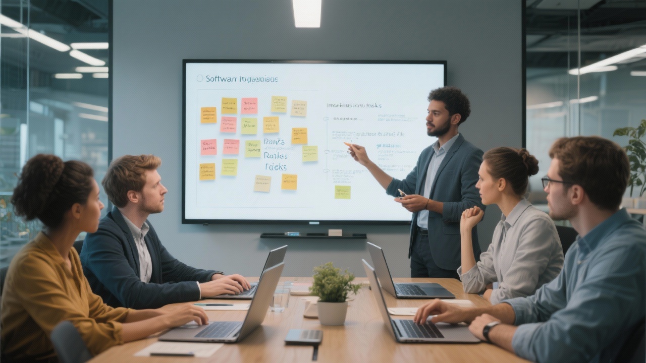 소프트웨어 프로젝트 리스크 식별을 위해 브레인스토밍하는 팀의 모습