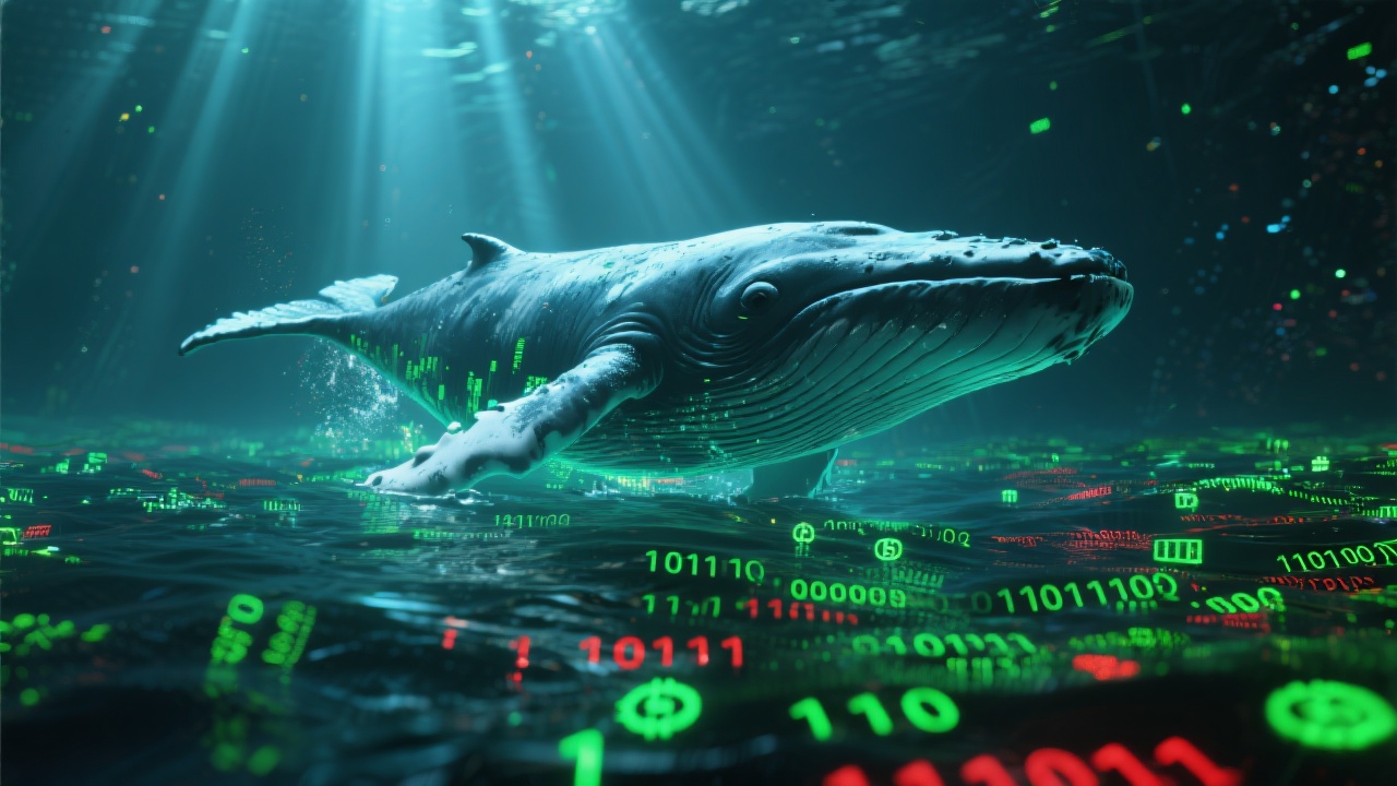 가상자산 시장에서 거대 자본을 상징하는 고래가 데이터의 바다를 헤엄치며 매집하는 은유적 표현