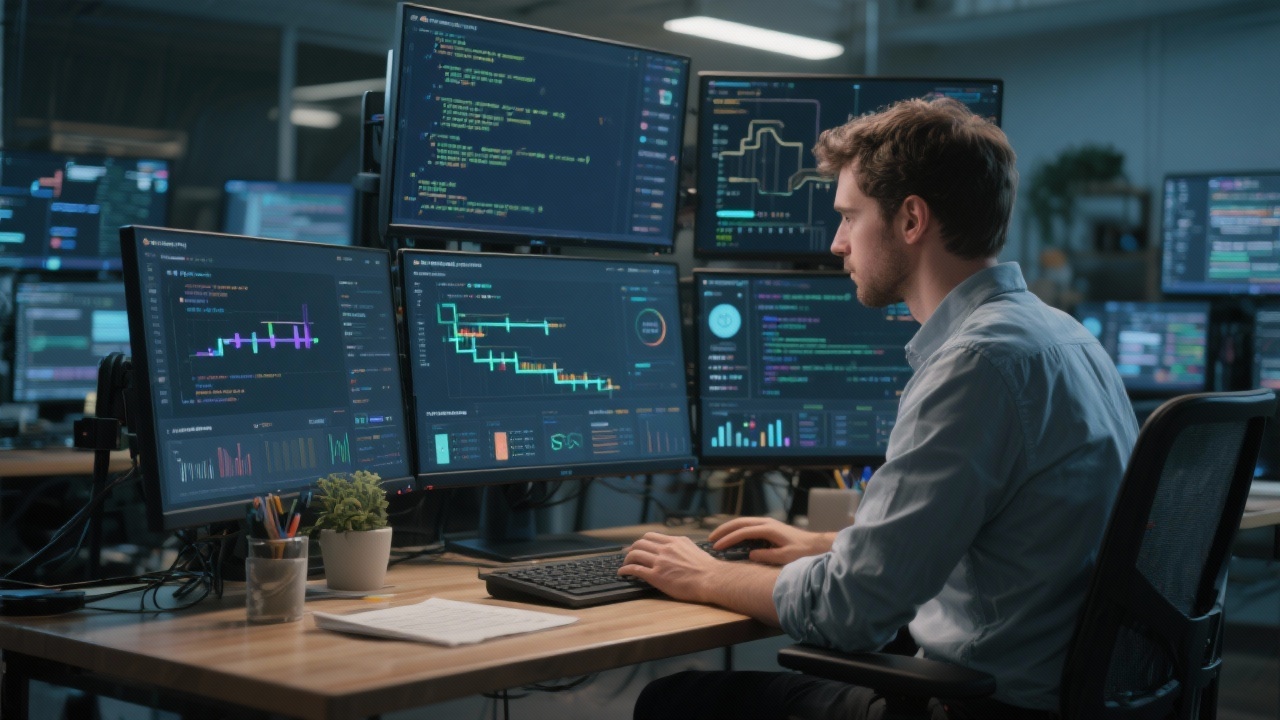 코드 리뷰와 자동화 테스트를 수행하는 소프트웨어 엔지니어의 작업 환경