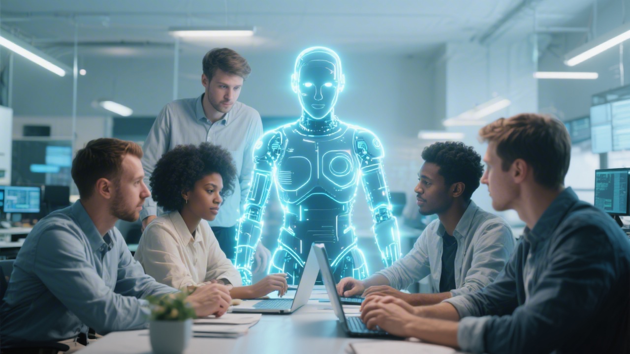 밝고 현대적인 사무실에서 인간 개발자들과 정교한 디지털 AI 에이전트가 함께 협업하며 코드를 분석하는 장면