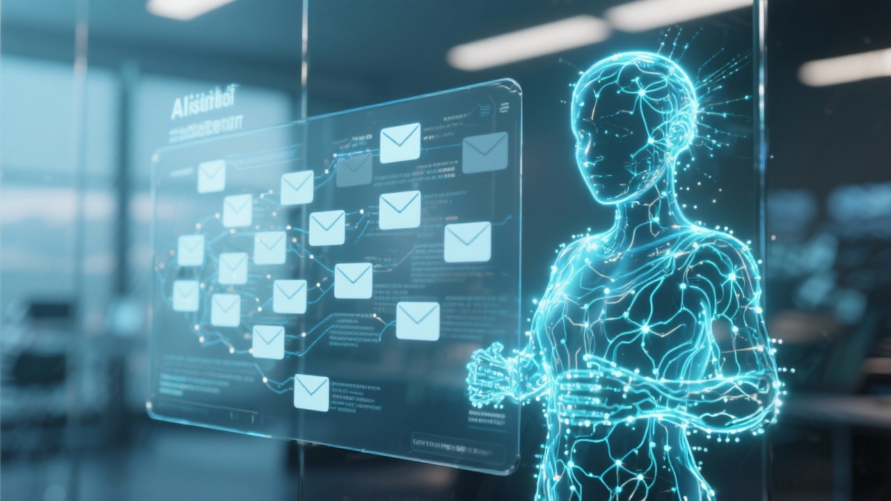 투명한 유리 화면에서 들어오는 이메일을 처리하는 인공지능 에이전트의 시각화 이미지