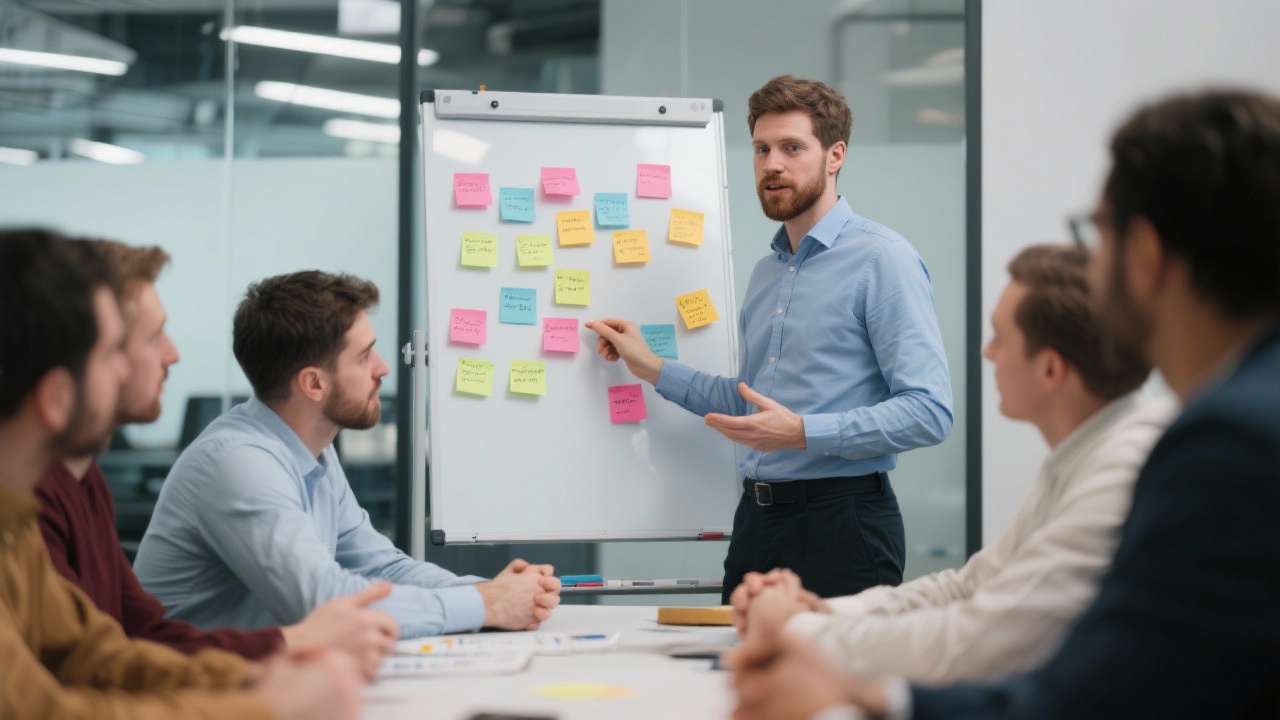 제품 소유자가 스프린트 계획 회의에서 백로그 우선순위를 정하는 장면