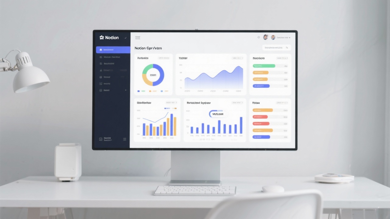 다양한 데이터 차트와 프로젝트 상태가 표시된 노션 대시보드가 보이는 깔끔하고 미니멀한 작업 공간