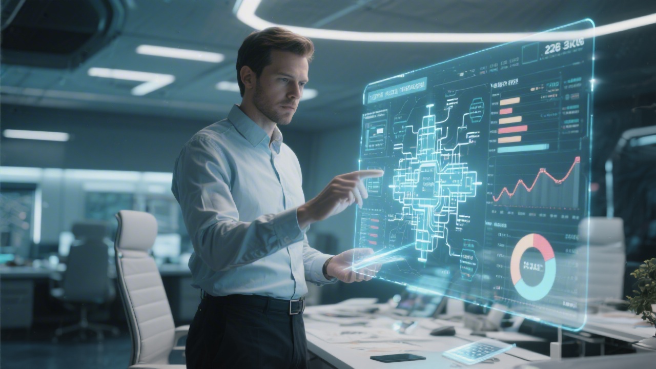 투명한 홀로그램 인터페이스를 통해 복잡한 소프트웨어 아키텍처와 리스크 데이터를 분석하는 2026년의 전문 프로젝트 매니저 모습