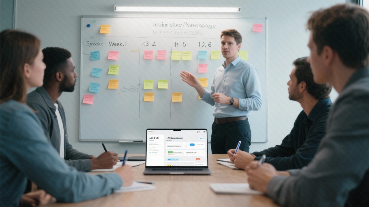 PM이 화이트보드와 노트북을 사용해 6주 파일럿 스프린트를 계획하는 회의 장면