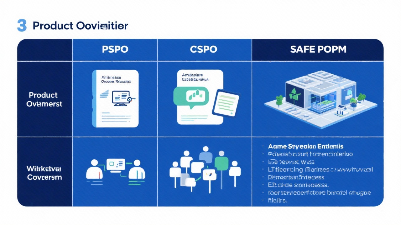 PSPO, CSPO, SAFe POPM 세 가지 제품 책임자 자격증의 비교 차트 이미지