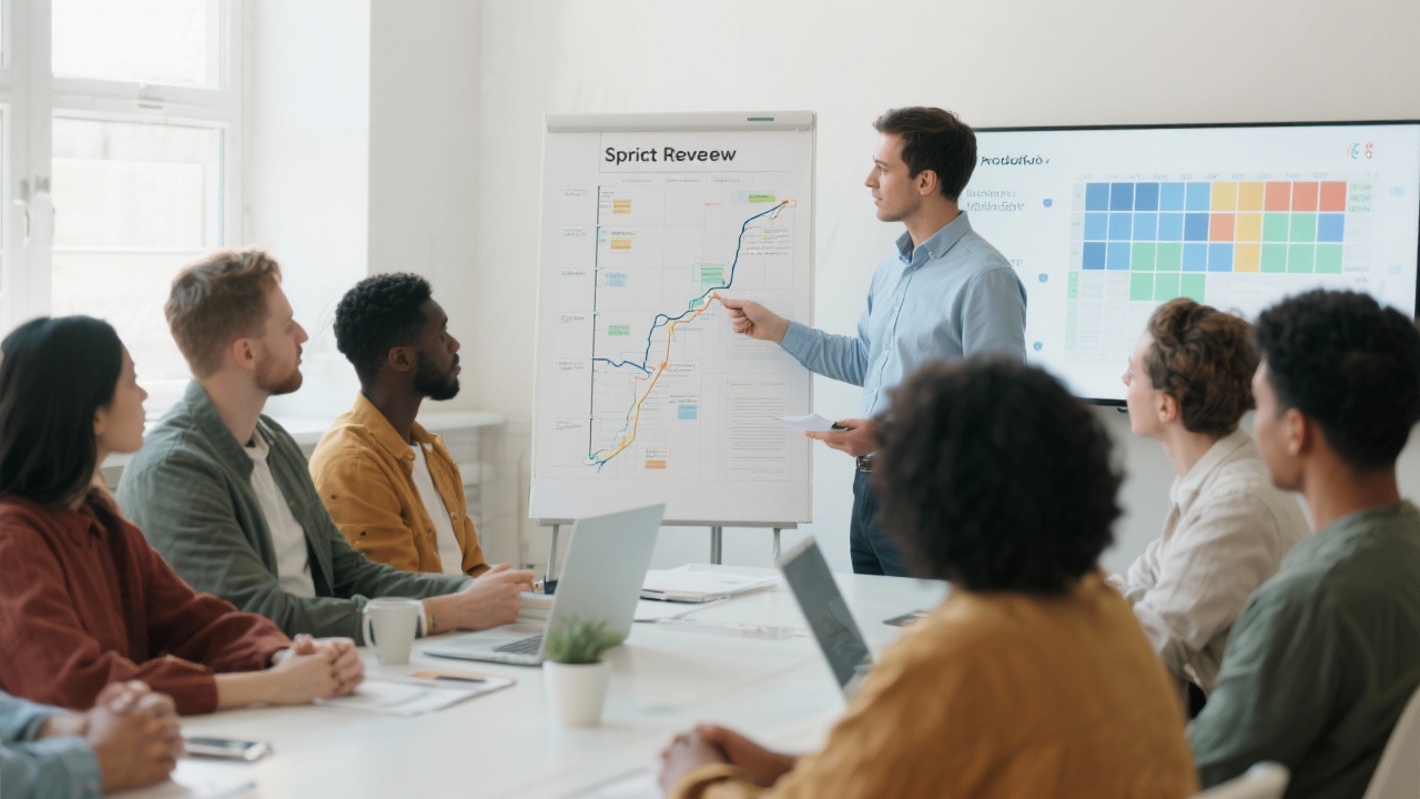 제품 소유자가 스프린트 리뷰에서 시각 자료를 활용해 팀과 소통하는 장면