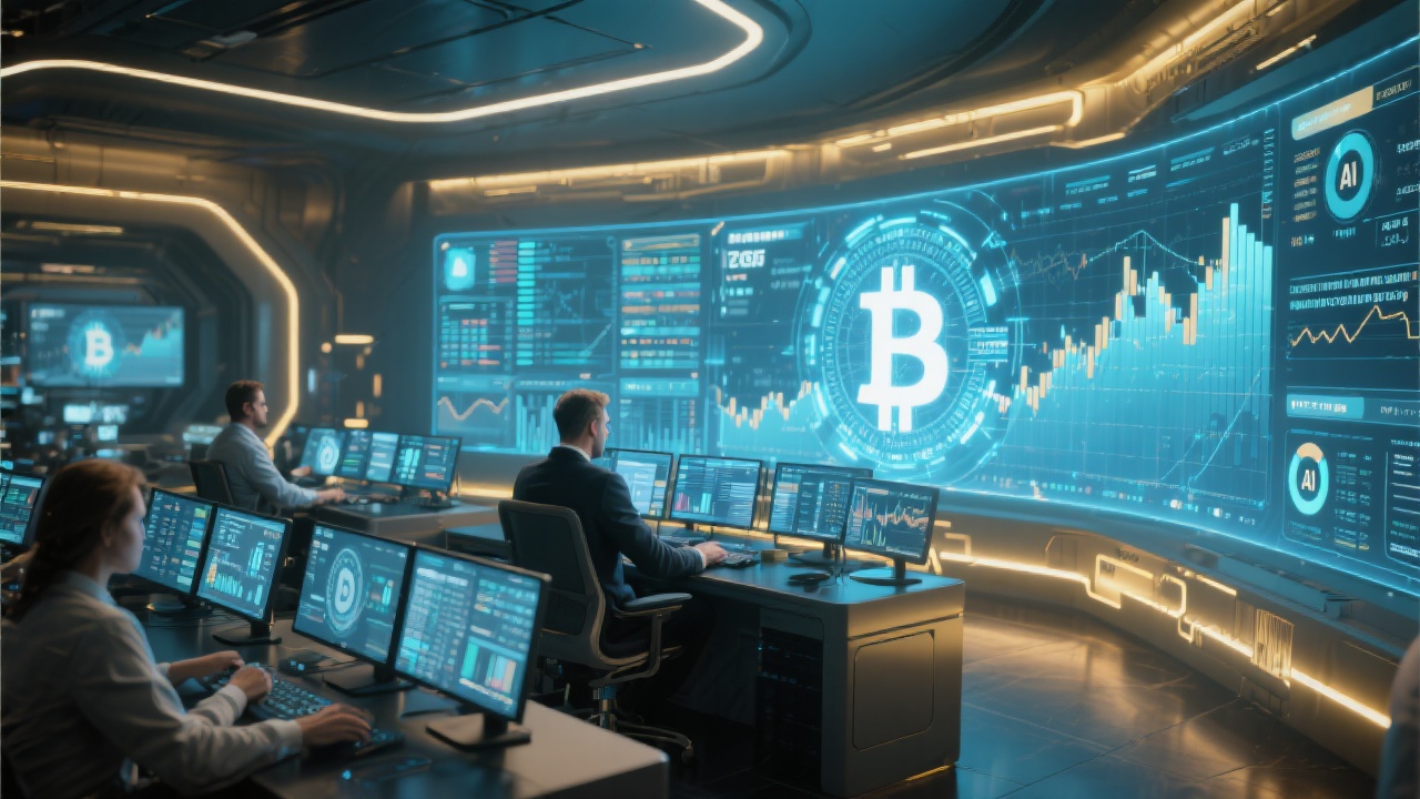 2026년 기관 투자자들의 비트코인 ETF 및 AI 알고리즘 매매를 모니터링하는 첨단 트레이딩 룸의 모습