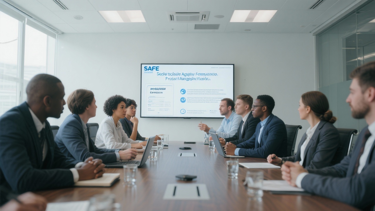 대형 회의실에서 다양한 팀원이 스케일드 애자일 프레임워크와 제품 관리 전략을 논의하는 모습