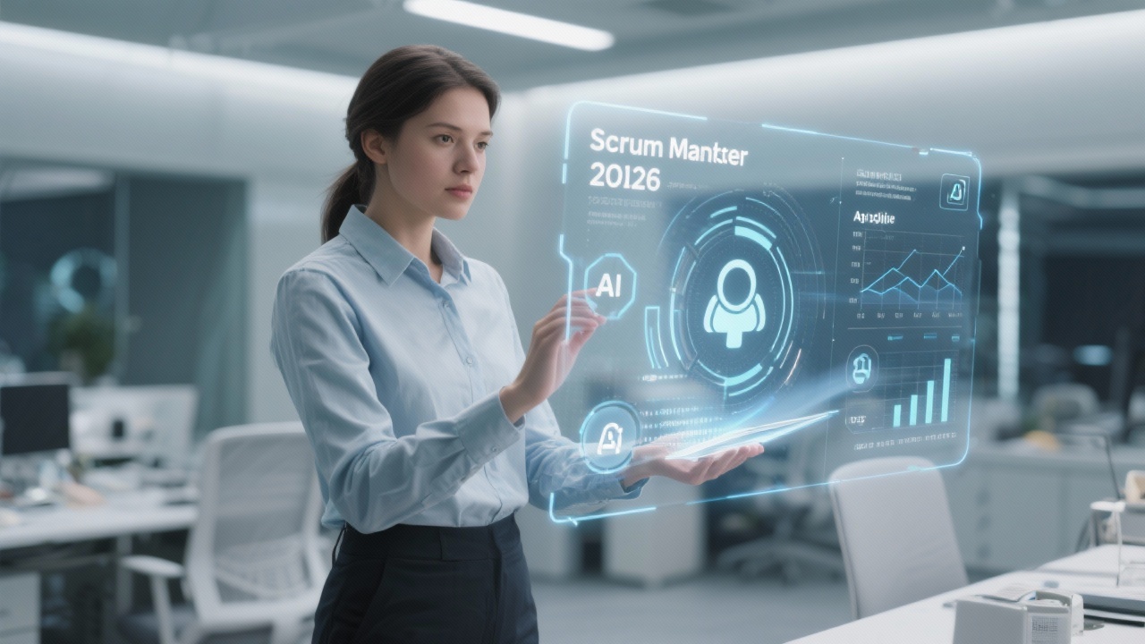 2026년형 미래 지향적인 사무실에서 홀로그램 데이터 인터페이스를 통해 프로젝트 지표를 분석하는 스크럼 마스터의 모습