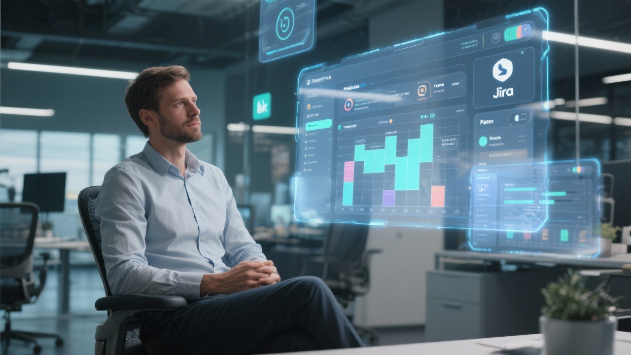 여러 협업 도구의 홀로그램 화면에 둘러싸여 업무를 조율하는 현대적인 IT 프로젝트 매니저의 모습