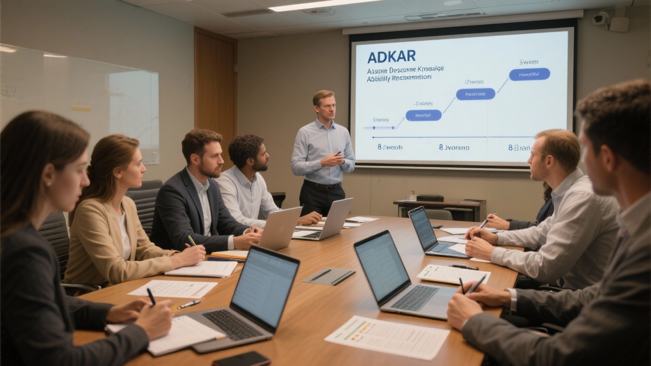 ADKAR 기반 8주 온보딩 타임라인과 템플릿으로 핸즈온 교육을 받는 직원들