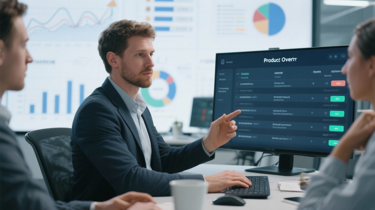제품 책임자가 제품 백로그를 관리하고 이해관계자와 소통하는 현대적인 사무실 환경의 모습