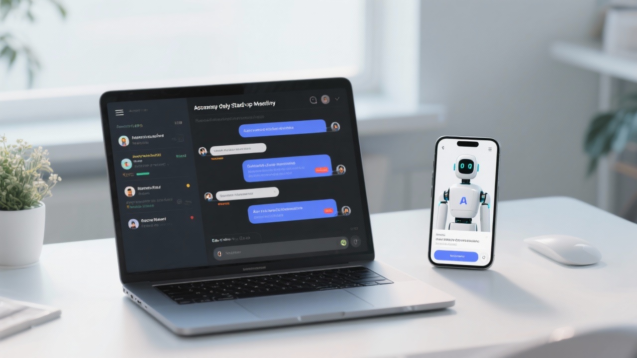 메신저를 통해 비동기 데일리 스탠드업 보고를 처리하는 AI 봇의 인터페이스가 보이는 원격 근무 환경