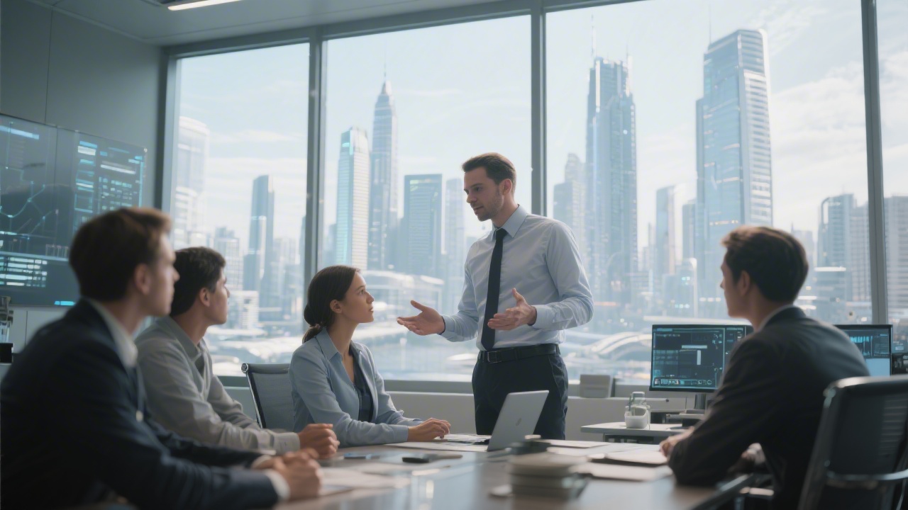 첨단 도시 배경의 사무실에서 프로젝트 매니저가 팀원과 소통하며 신뢰와 회복 탄력성을 강조하는 따뜻하고 전문적인 분위기